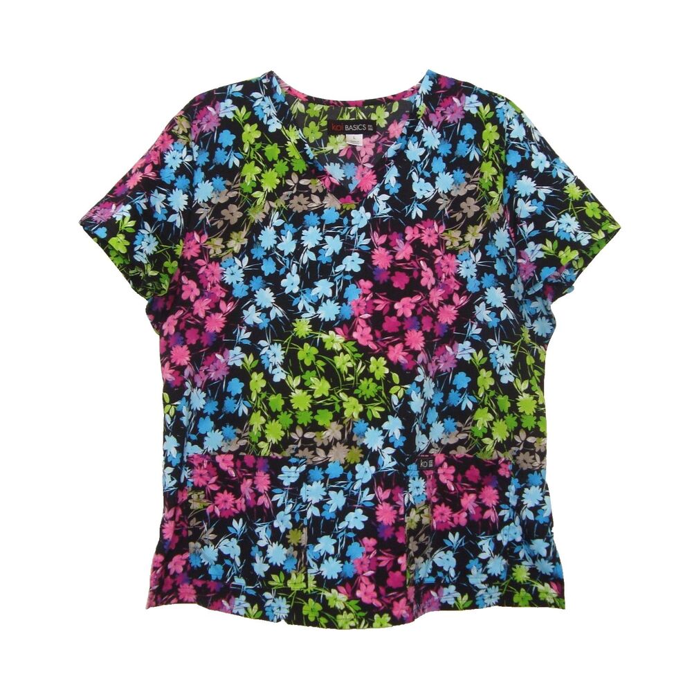 Koi Basics Womens Colorful Floral Scrub Top Size L